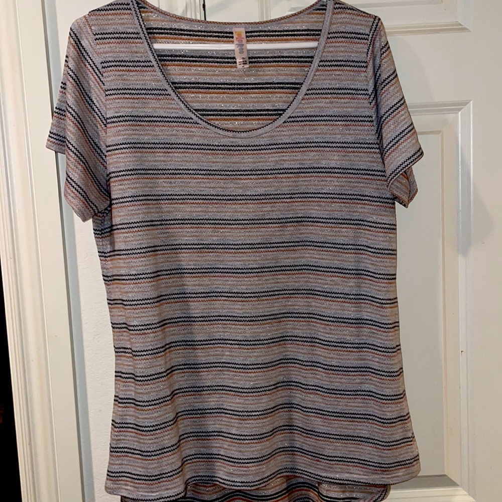 Lularoe gray with black orange and silver metallic threading tunic top 27”/29” L